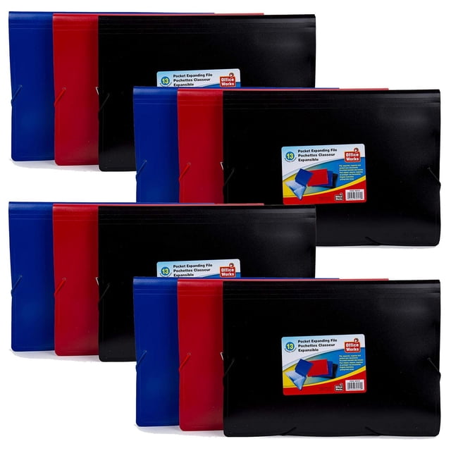 Office Works Ensemble de Dossiers à 13 Pochettes avec Trois Groupes de Quatre Dossiers en Bleu, Rouge et Noir avec Fermetures Élastiques et 13 Pochettes Extensibles pour Trier des documents jusqu'à 13 par 9,5 Pouces, Idéal pour l'Organisation du Bureau et le Classement de Papiers Importants.
