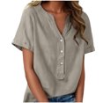 thumbnail image 1 of Floleo T-Shirt à Manches Courtes pour Femmes, Style Lin, Col en V, Boutons devant, Demi-Ouverture, Haut Vintage Classique, Respirant, Confortable, Extensible, Tissu Fin, Printemps Été Automne, Tenue Quotidienne (Gris#1, TG), 1 of 8