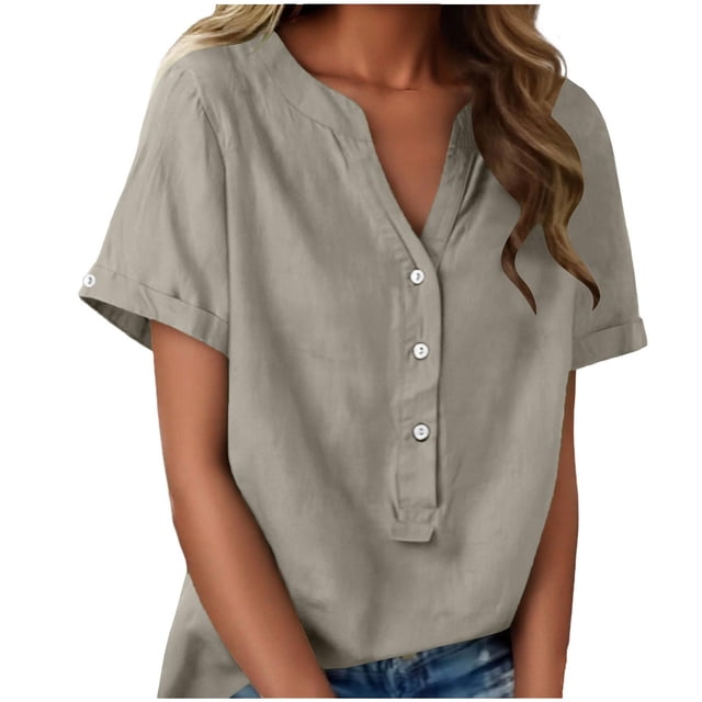 Floleo T-Shirt à Manches Courtes pour Femmes, Style Lin, Col en V, Boutons devant, Demi-Ouverture, Haut Vintage Classique, Respirant, Confortable, Extensible, Tissu Fin, Printemps Été Automne, Tenue Quotidienne (Gris#1, TG)