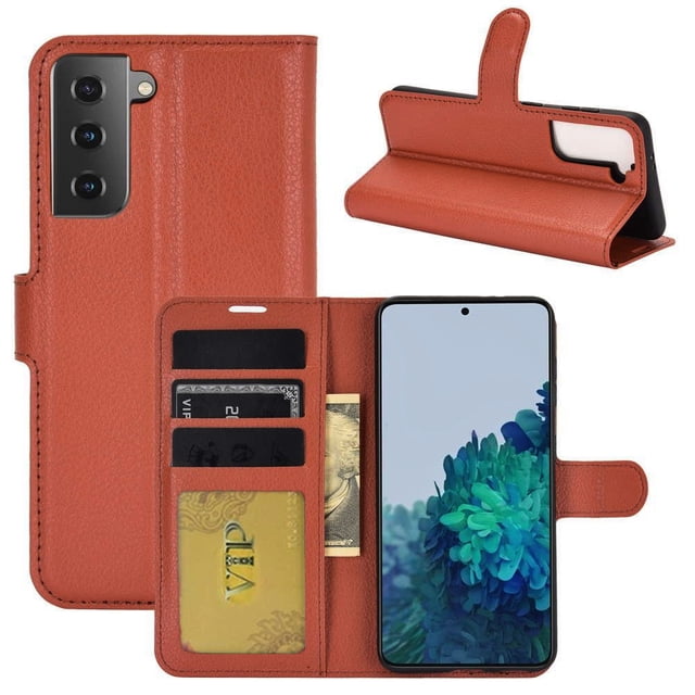 Samsung Galaxy S23 FE Wallet Case, Leather Magnetic Card Slot Wallet Folio Flip Case Cover in a reddish-brown synthetic leather material. The case features multiple credit card slots, a pocket for bills, and a magnetic clasp for secure closure. It is shown open with cards and cash stored inside, and a phone placed in the TPU inner case. The case also converts into a media stand for hands-free viewing.
