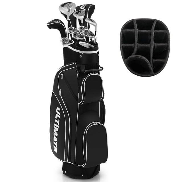 Ladies Womens Complete Golf Clubs Set 10 Pieces Includes Alloy Driver Black. This set includes a 460cc alloy driver, 3# fairway wood, 4# hybrid, 6#-9# irons, pitching wedge, putter, and a lightweight stand bag with adjustable straps. Designed for intermediate to advanced players, the clubs feature toe and heel weighting for improved accuracy and a large sweet spot for forgiveness. The black stand bag offers multiple pockets for storage and easy portability.