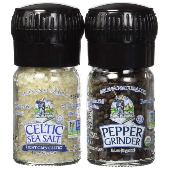 Celtic Sea Salt Organic Peppercorn and Light Grey Celtic Sea Salt Mini Grinders, 2.9 Ounces – Reusable, Refillable Glass Grinders with Additive-Free, Delicious Sea Salt and Peppercorn