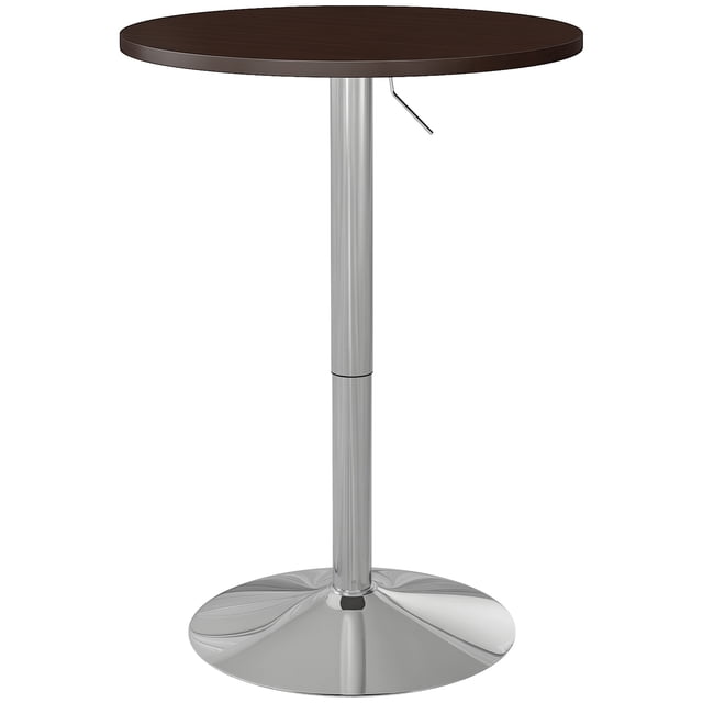 HOMCOM Table de Bar Ronde Réglable pour 2, avec Plateau en MDF Couleur Noyer, Fini Mélamine et base Robuste en Acier Électroplaqué. la Table Comprend un Mécanisme de Levage Pneumatique pour le Réglage de la Hauteur de 27,2 à 35,8 Pouces et un Dessus Pivotant à 360° pour Plus de Commodité. Conçue pour les Petits Espaces, Elle Accueille Deux Personnes et Dotée d'Un Coussinet Antidérapant pour la Stabilité et la protection du Plancher.
