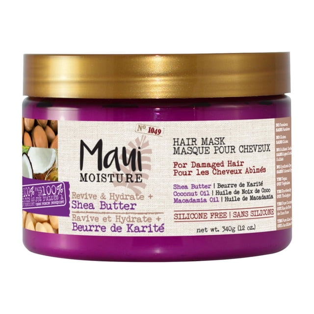 Maui Moisture Heal & Hydrate + Masque Capillaire au Beurre de Karité en Pot Violet avec Couvercle Doré, Formulé avec du Beurre de Karité, de l'Huile de Noix de Coco et de l'Huile de macadamia pour Hydrater en Profondeur et Réparer les Cheveux Abîmés, Sans Silicone, Poids net 340 g (12 oz), Idéal pour des Traitements de Revitalisation en Profondeur.