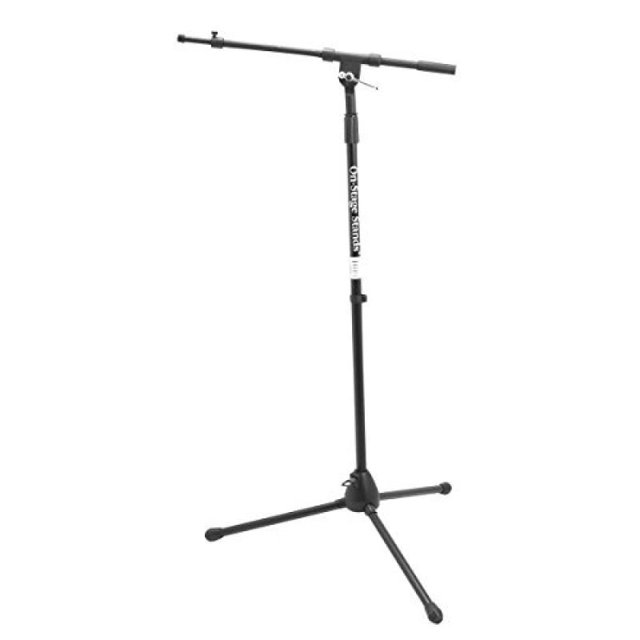 Telescoping Euro Boom Mic Stand by The Music People, featuring a durable hybrid sheet metal and composite leg housing for lightweight and unbreakable construction. The stand includes a telescoping boom arm for adjustable length, ideal for various microphone applications. Its foldable design allows for easy storage and portability, making it suitable for musicians and performers.