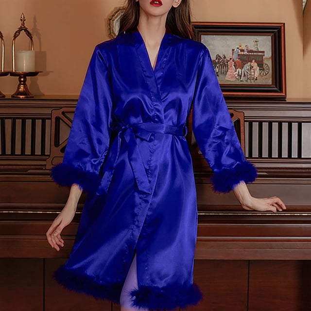 Tawop Robe pour Femmes Pyjama en Soie Femmes Peignoir Robe Décontractée Chemise de Nuit pour Femmes Bleu G