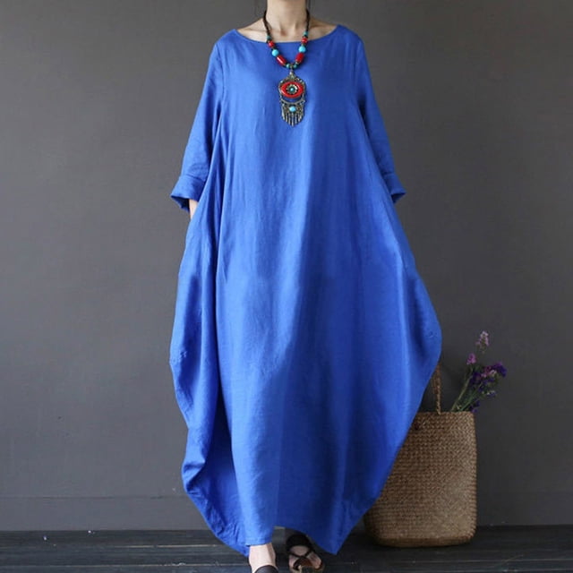 Meichang Robes Maxi pour Femmes 2025 Été Robe en Lin à Manches Longues Col Rond Robe Chemise Ample Robes Décontractées Longue avec Poches