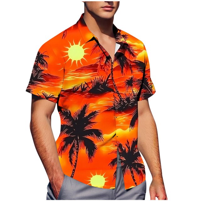 Pisexur Shirts for Man T Hommes Mode Décontractée Col Rabattu Imprimé Manches Courtes Chemise Boutonnée Blouse Orange, TG Chemises de Golf Hommes & Chemises Hommes