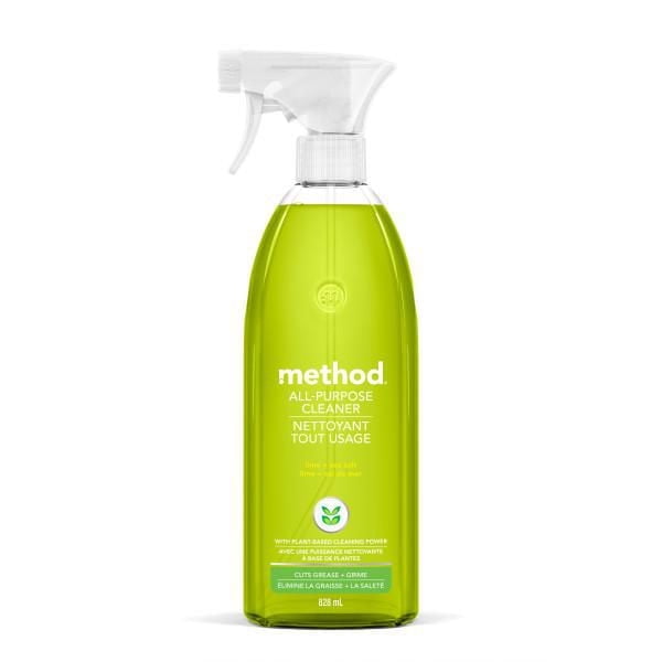 Method All-Purpose Cleaner Lime + Sea Salt 828 ml spray bottle with translucent green liquid and white trigger spray top, plant-based formula cuts grease and grime on sealed non-porous surfaces including counters, tile, granite, wood, and glass, ideal for everyday multi-surface cleaning.