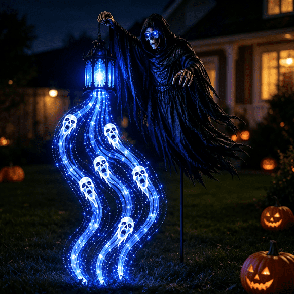 Halloween Lampe de Jardin Animée « Soul Harvester », Décoration Extérieure Hantée à Énergie Solaire avec Effet de Lumière Fantomatique Fluide, Affichage Automatique du Crépuscule à l'Aube pour Cour, Pelouse avant, Allée, Porche