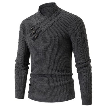 Rbaofujie Mens Sweaters Men's Semi High Neck Casual Irregular Button Knitted Long Sleeved Sweater Dark Gray Workout Shirts for Men