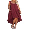 thumbnail image 1 of Women Summer Ruffled Sleeve Dress  Contrast Color/Solid Color Square Neck Irregular Hem Dress for Beach  Date, 1 of 6
