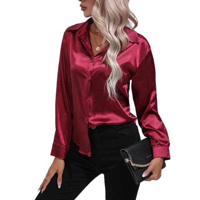Innerwin Shirts Long Sleeve Ladies Tunic Tops Office Button Down Soft Blouse Claret S