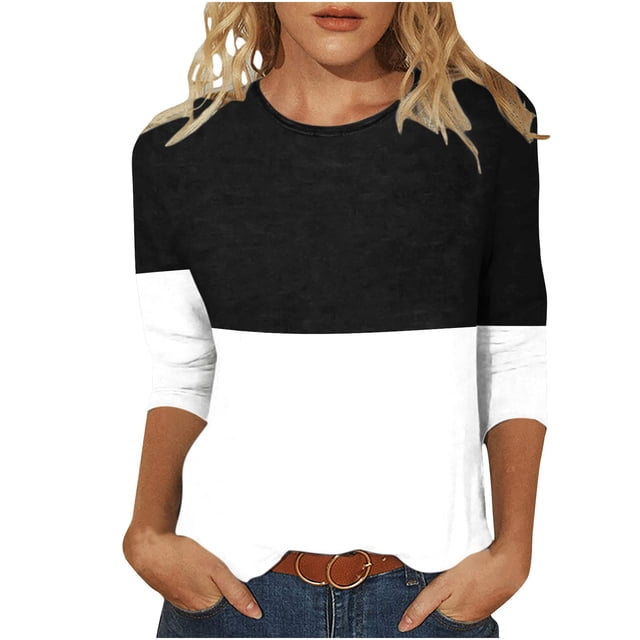 IROINID T-Shirts pour Femmes à Manches 3/4 Réduits Imprimés, T-shirt Ample, Blouse Mi-Longue, Col Rond, Hauts de Détente, Noir