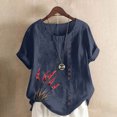 thumbnail image 2 of Pisexur Hauts pour Femmes Décontractés en Lin Col Rond Grande Taille Imprimé Manches Courtes T-shirt Blouse, Hauts d'Été pour Femmes Marine, TG, 2 of 5