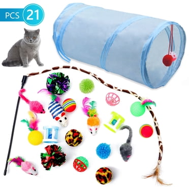 Semfri 21 Pcs Jouets pour Chat Ensemble de Jouets pour Chaton Tunnel Jouets Interactifs pour Chat Tunnel Pliant Baguette Taquine Plume de Chat Souris Duveteuse Balles Froissables pour Chatons Lapins Chiots