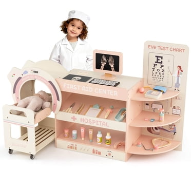 Costway Ensemble de Jeu de Docteur en Bois pour Enfants, Trousse de Docteur pour Jeu d'Imitation avec Machine CT Jouet, Rose