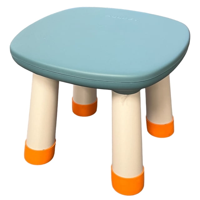 Block Learning Chair, Mini Activity Stool for Toddlers, designed with a blue ABS plastic seat and sturdy beige legs with orange tips. Perfect for playrooms, nurseries, and classrooms, this compact chair measures 30 x 30 x 25 cm and supports preschool-aged children. Rounded edges ensure safety, while the durable, non-toxic material offers long-lasting use. Often used as toddler seating for activity tables.