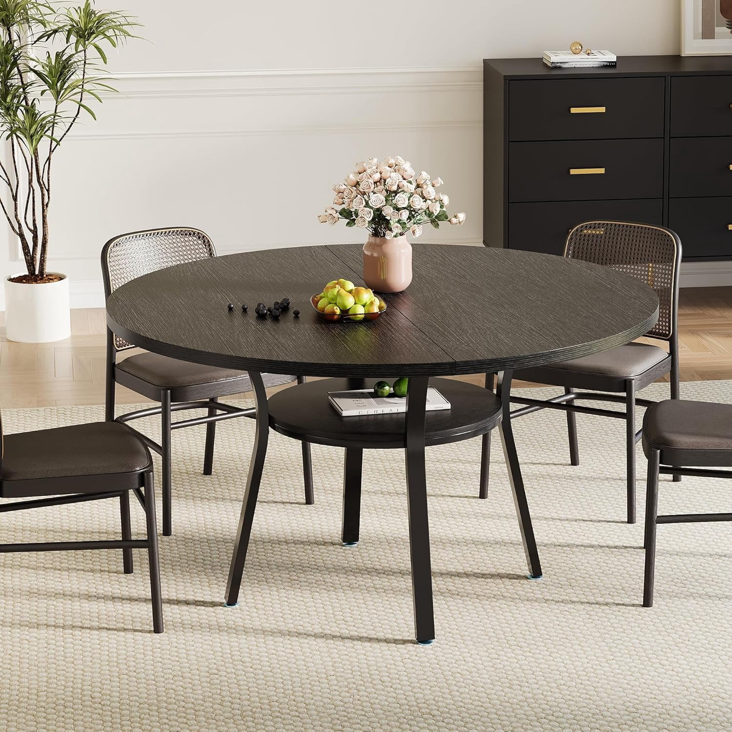 Round Dining Table for 4-6, 47 Inch Kitchen Table with Storage, Wooden Circle Dinner Table with Metal Legs, Modern Dining Room Tables for Kitchen, Living Room, Dining Room, Black