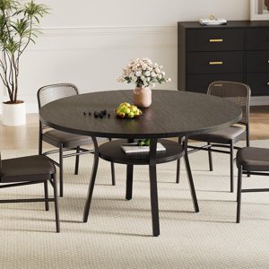 Round Dining Table for 4-6, 47 Inch Kitchen Table with Storage, Wooden Circle Dinner Table with Metal Legs, Modern Dining Room Tables for Kitchen, Living Room, Dining Room, Black