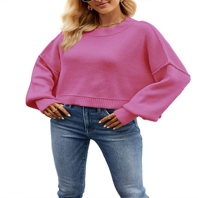 Chandail en Tricot pour Femmes Manches Longues Col Rond Uni Ample Chandail Chaud