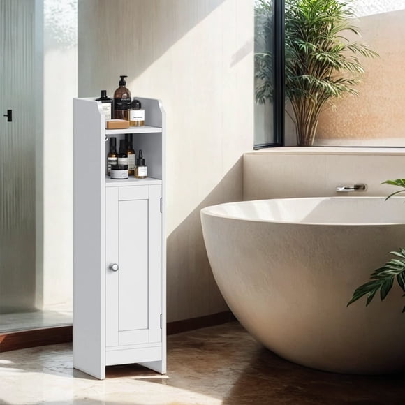 LEDREM Armoire de Rangement d'Angle Mince avec Porte, Tablettes Ajustables et Conception Anti-Basculement, Organisateur Étroit pour Papier Hygiénique pour Salle de Bain et Salon, 31,5 Pouces, Blanc Nuage