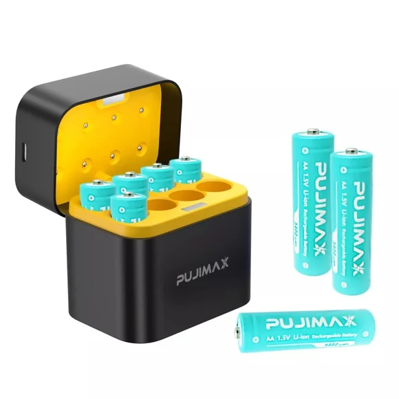 PUJIMAX Piles au Lithium Rechargeables 1,5 V 3400 MWh AA Lot de 8 avec Chargeur Rapide