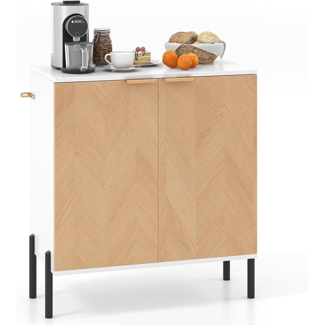 Giantex Buffet Cabinet with Storage, a versatile sideboard featuring a natural wood finish and black metal legs. The 2-door design with aluminum handles offers enclosed storage, while the spacious top holds a coffee maker, cup, and basket of bread and fruits. Perfect for kitchens, dining rooms, or living spaces.