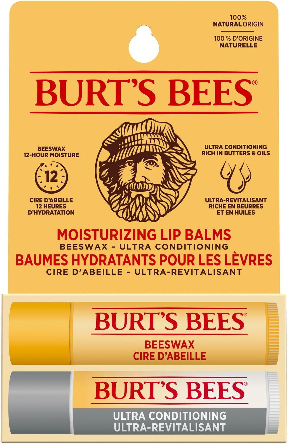Baume hydratant pour les lèvres à la cire d’abeille et baume ultra-revitalisant pour les lèvres de Burt’s Bees®, tous deux d’origine naturelle à 100 %,