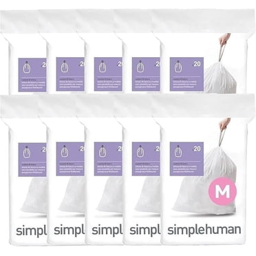 Simplehuman Code M 200 Count, Genuine Custom Fit Liners, Drawstring Trash Bags in Dispenser Packs, 45 Liter / 11.9 Gallon, White