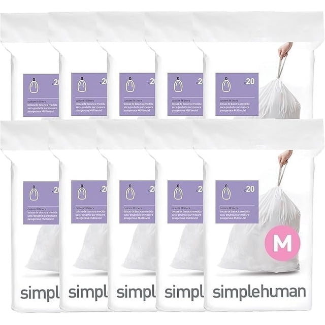 Simplehuman Code M 200 Count, Genuine Custom Fit Liners, Drawstring Trash Bags in Dispenser Packs, 45 Liter / 11.9 Gallon, White. The image displays eight packs of white trash bags with purple labels, each pack containing 20 liners. These custom-fit liners are made with extra-durable plastic and thick double seams to prevent rips or leaks. The dispenser packs are designed for easy, one-by-one dispensing, and the drawstring handles make the bags easy to lift, tie, and carry.