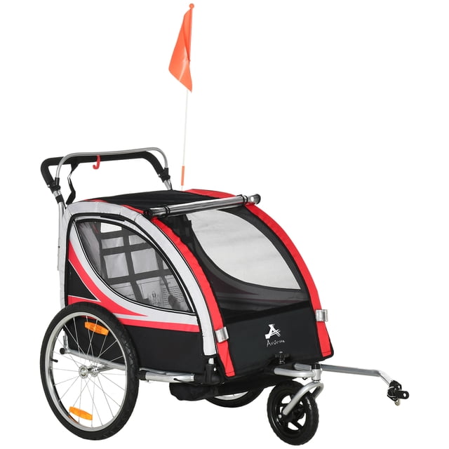 Aosom Child Bike Trailer with Storage, 5 Point Harness, Baby Stroller in red, designed as a dual-function bike trailer and stroller. Features a steel frame, zippered mesh windows for ventilation, and a plastic cover for wind protection. Includes a 5-point safety harness, handbrake, flag, and reflectors for safety. Equipped with two 20-inch inflatable rear wheels and a universal EVA front wheel for smooth rides. Suitable for two children under 40 lbs each, with storage pockets for supplies. Ideal as a child carrier for biking or strolling.