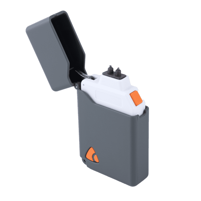 Coghlan's Plasma Lighter with rechargeable USB-C lithium battery and LED light in grey, open to show white ignition unit with orange button inside a grey rubberized case with orange logo, featuring windproof flameless single-arc technology ideal for camping and outdoor use.