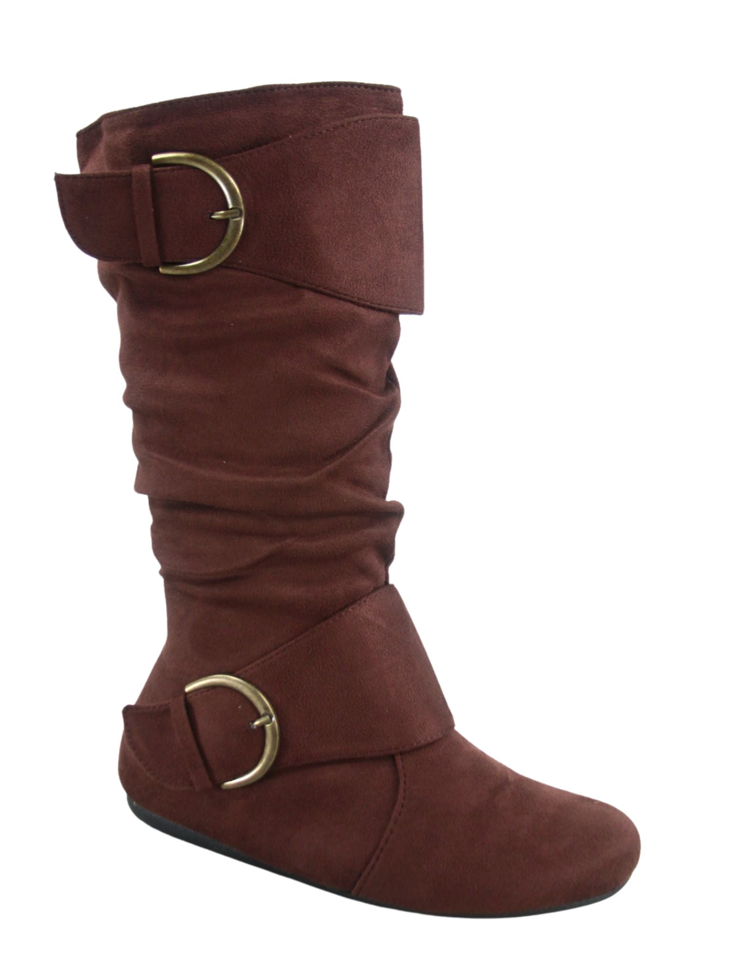 Bottes Mi-Mollet à Bout Rond pour Femmes Zone 70, Confort, Fermeture Éclair, Boucle, Style Plissé Décontracté, Talon Plat ( Brun, 11)