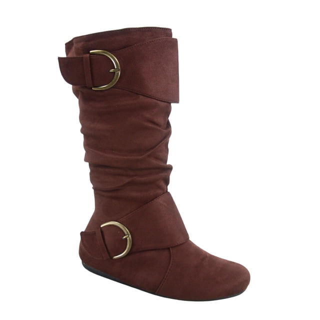 Bottes Mi-Mollet à Bout Rond pour Femmes Zone 70, Confort, Fermeture Éclair, Boucle, Style Plissé Décontracté, Talon Plat ( Brun, 11)