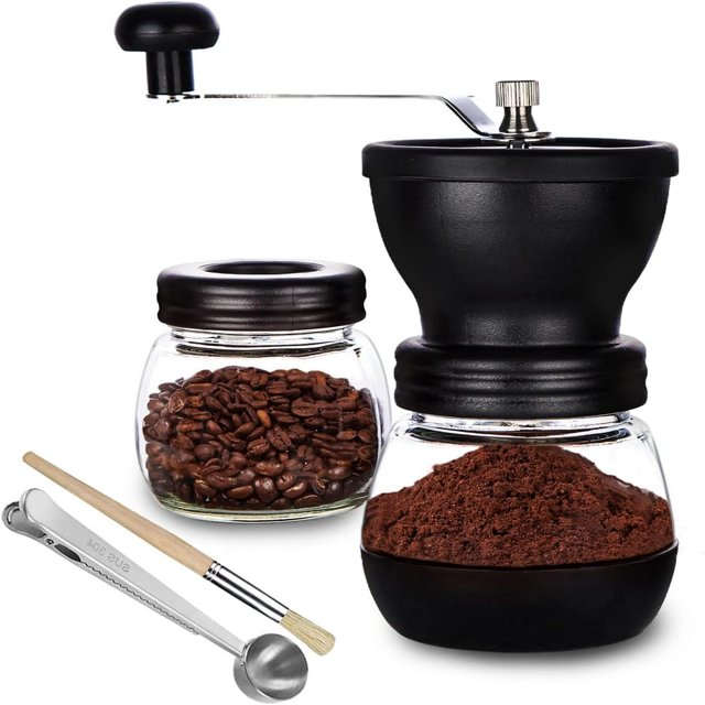 YOPTOP Coffee Grinder Manual Burr with 2 Glass Jars(11oz Each) Hand Bean Coffee Grinder Mill with Ceramic Burr Hand Crank/Handheld Coffee Grinder Small Portable with Brush/Spoon for Camping