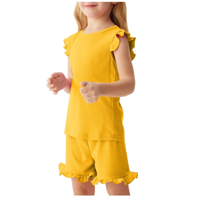 Toddler Girls Summer Short Sets Cotton Rib Knit Outfits Short Ruffle Cap Sleeve Tees T-Shirt Tank Tops + Skorts 2PC Sets Yellow 7-8 Years