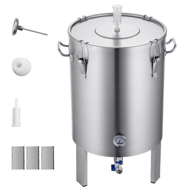 KFFKFF 304 Stainless Brew Kettle, Capacité de 16 Gallons, Fabriqué en Acier Inoxydable de Qualité Alimentaire pour l'Infusion et la fermentation de Bière à la Maison. Comprend un Couvercle Sécurisé avec Anneau d'Étanchéité en silicone, Jauge de Température, Robinet, valve et Poignées Ergonomiques à Prise. Comprend des Accessoires Essentiels d'Infusion comme un Tuyau d'Échappement et un Thermomètre pour une Surveillance Précise de la Température, Idéal pour Créer des Environnements de fermentation Stériles et Respirants.