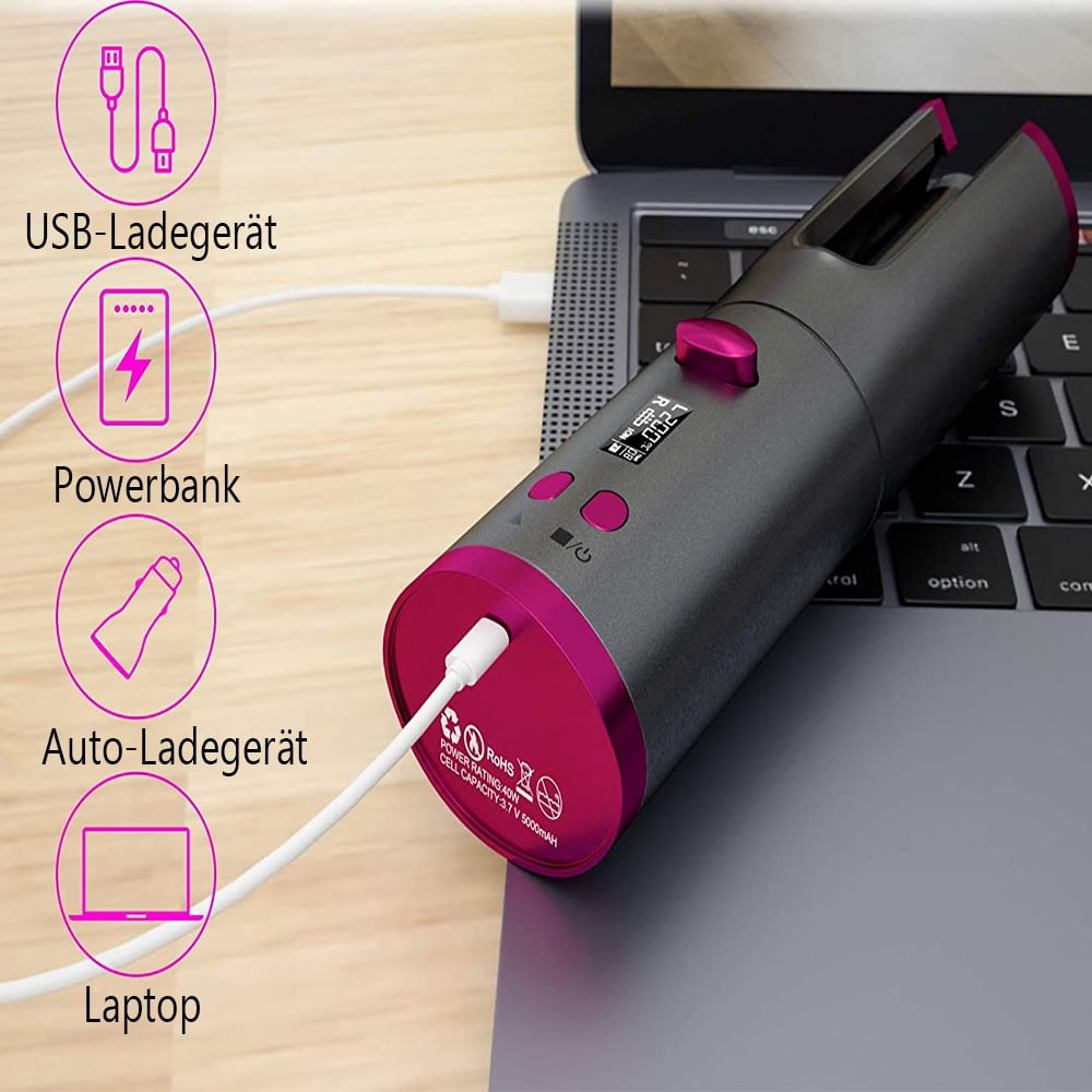 Automatic Curling Iron,Cordless Hair Curler with LCD Display Adjustable Temperature & Timer, Rotating Ceramic Professional Hair Curler, Portable Rechargeable Curling Wand for Hair Styling