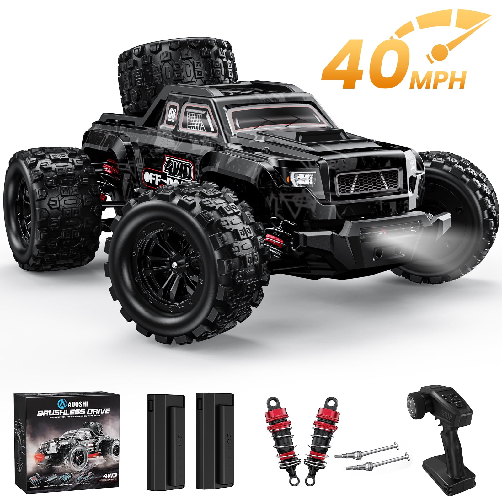 AUOSHI 1:16 Brushless Remote Control Car – 40+MPH Fast Off-Road RC Toy Truck, 4WD All-Terrain, 70 Min Runtime w/ 2 Batteries, LED Lights, Waterproof, Full Metal Drive Shaft – Gift for Kids & Adults