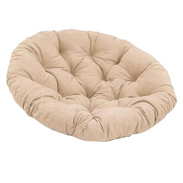 GLFILL Waterproof Chair Rocking Chair Hanging Basket Chair Papaya Chair Round Cushion, shown in a beige color. The cushion is made of polyester and filled with PP cotton, featuring a tufted design for added comfort. It measures 60 x 60 cm (23.62 x 23.62 inches) and is suitable for hammocks, hanging baskets, indoor or outdoor rocking chairs, lounge chairs, and living rooms. The cushion is ergonomically designed to relieve pressure on the hips and provides a comfortable seating experience.