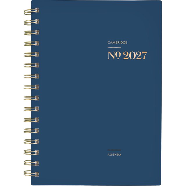 2027 Cambridge® WorkStyle Classic Navy Weekly and Monthly Planner, Small, front cover with solid navy poly cover, gold foil accents, and twin coil binding, 5.5 by 8.5 inches, suitable for professional bilingual scheduling and note-taking.