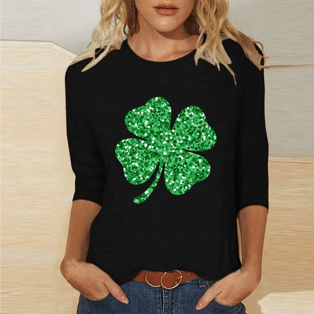 Lolmot St. Patricks Day Ladies' St. Patricks Day Printed Round Neck Three Quarter Sleeve 3/4 Sleeve T-Shirt Loose Top