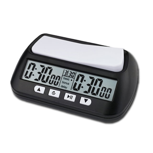 Eccomum 3-in-1 Multipurpose Portable Professional Chess Clock Digital Chess Timer Game Timer. A compact black and white digital chess clock with dual LCD screens displaying countdown times, basic, bonus, and delay modes. Features large flexible buttons for easy operation and a durable ABS material shell. Lightweight and portable, ideal for chess and other timed games.