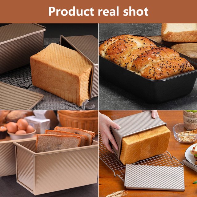 pitrice Loaf Pan Bakeware Mold Molds Cover Rectangular Baking Non-sticky Coating Heighten Thicken Pans Holder for Bread Cake Pastry 230g Gold with Lid