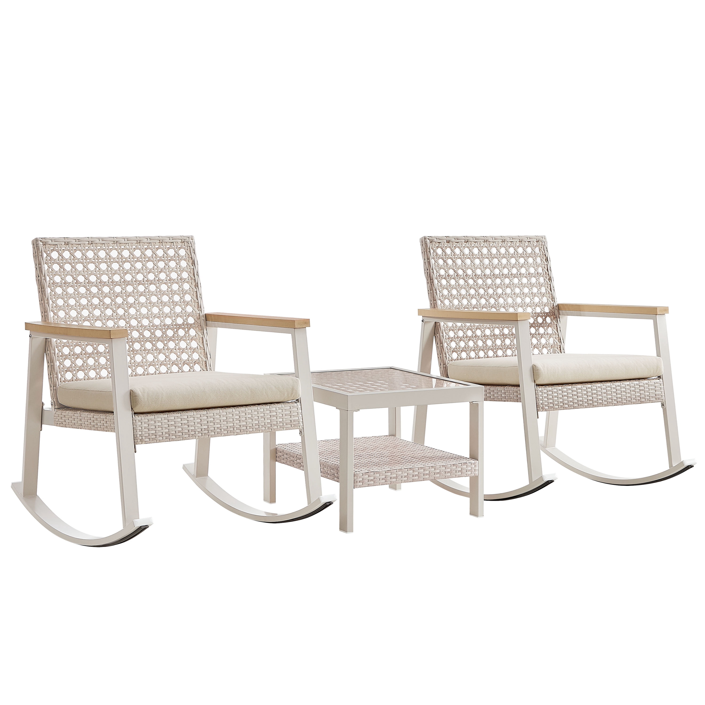 SONGMICS HOME Sencillo Collection Outdoor Steel 3 piece Rocking Chair Set, Bone Color