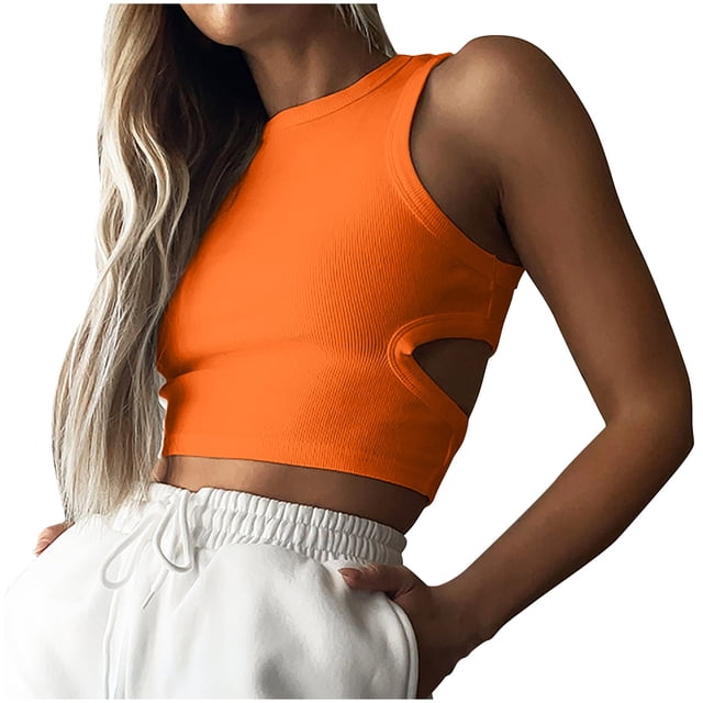 Yuyuzo Crop Tank Tops for Women Crew Neck Ribbed Knit Solid Color Slim Fitted Athletic Going Put Tops