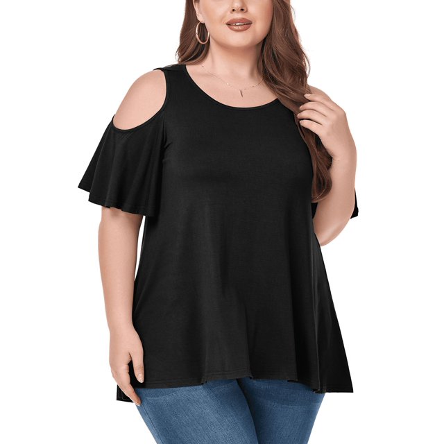 CHUANK Women‘s Plus Size Cold Shoulder Tunic Top Summer Short Sleeve Blouse