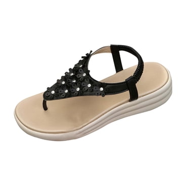LOVZFMLL Sandals for Women 2025 Summer Fashion Flower Beach Vacation Flip Flops Thongs Comfort Walking Wedge Sandals Black 6.5