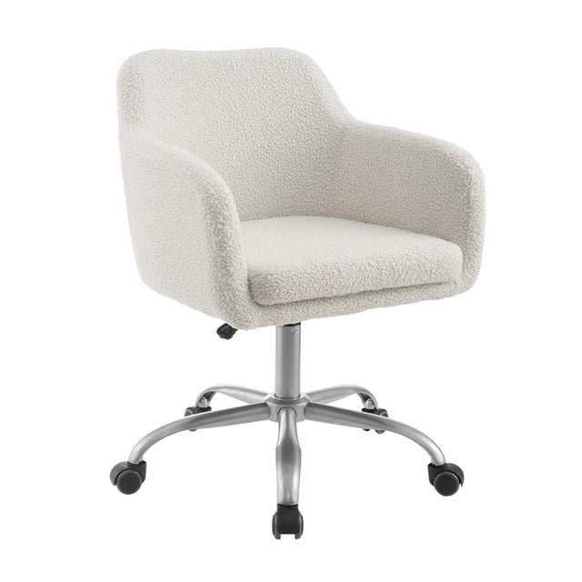 Tate Chaise de Bureau, Sherpa, avec Dossier Grand et Accoudoirs Hauts, Rembourrée en Tissu Sherpa Naturel. Elle Présente un Siège Épais Rembourré, une Hauteur Réglable de 18,5 à 22,5 Pouces, et une base en Métal Argent avec Roulettes Doubles Noires pour un Mouvement Fluide. Convient au Soutien Ergonomique pour le Bureau à Domicile Ou les Postes de Travail.
